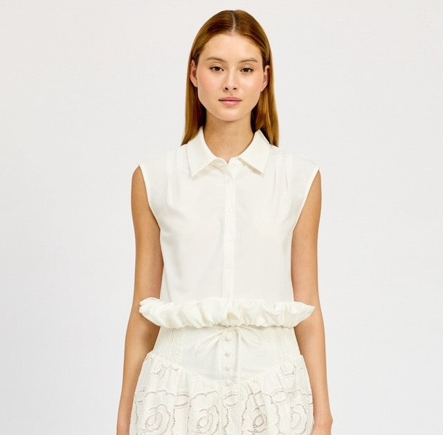 ES White Ruffle Trim Top