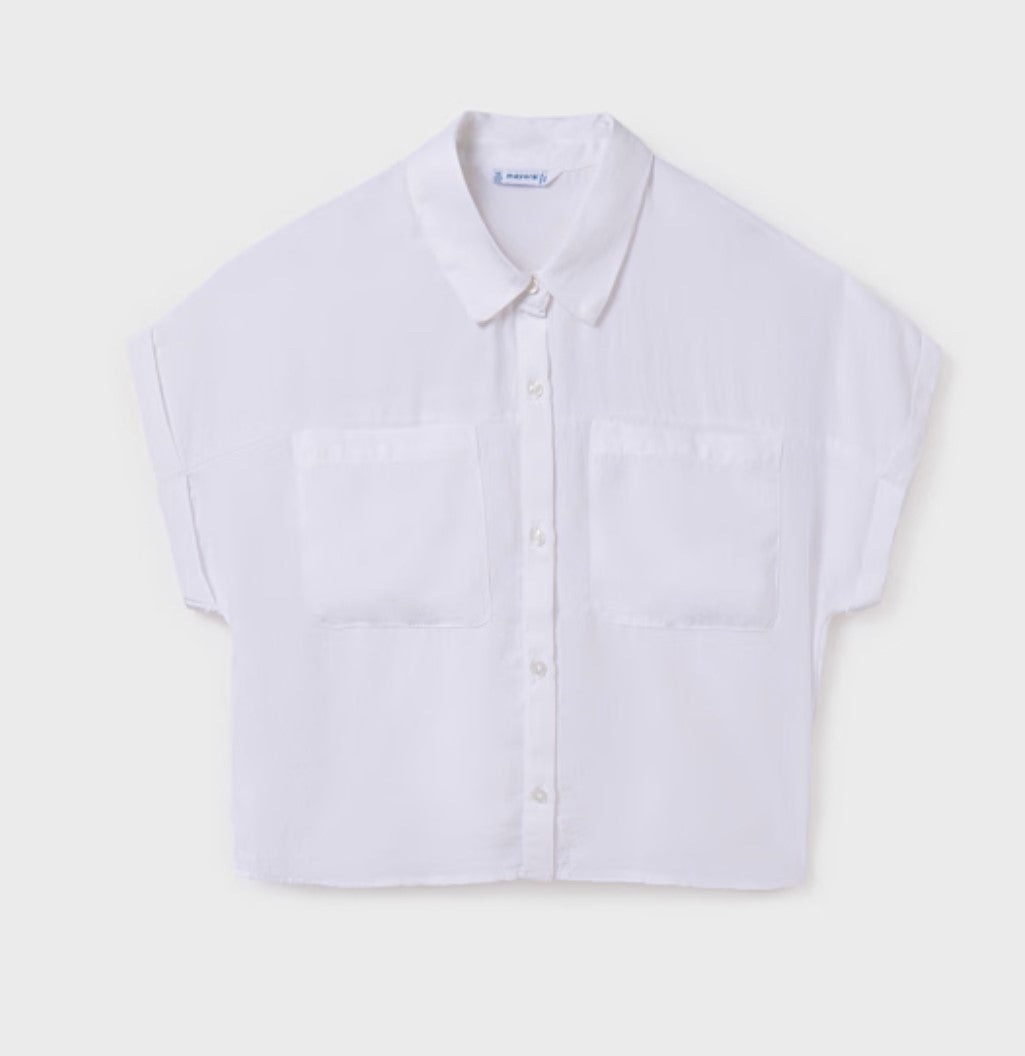 MAY White Short Sleeve Button Down Top