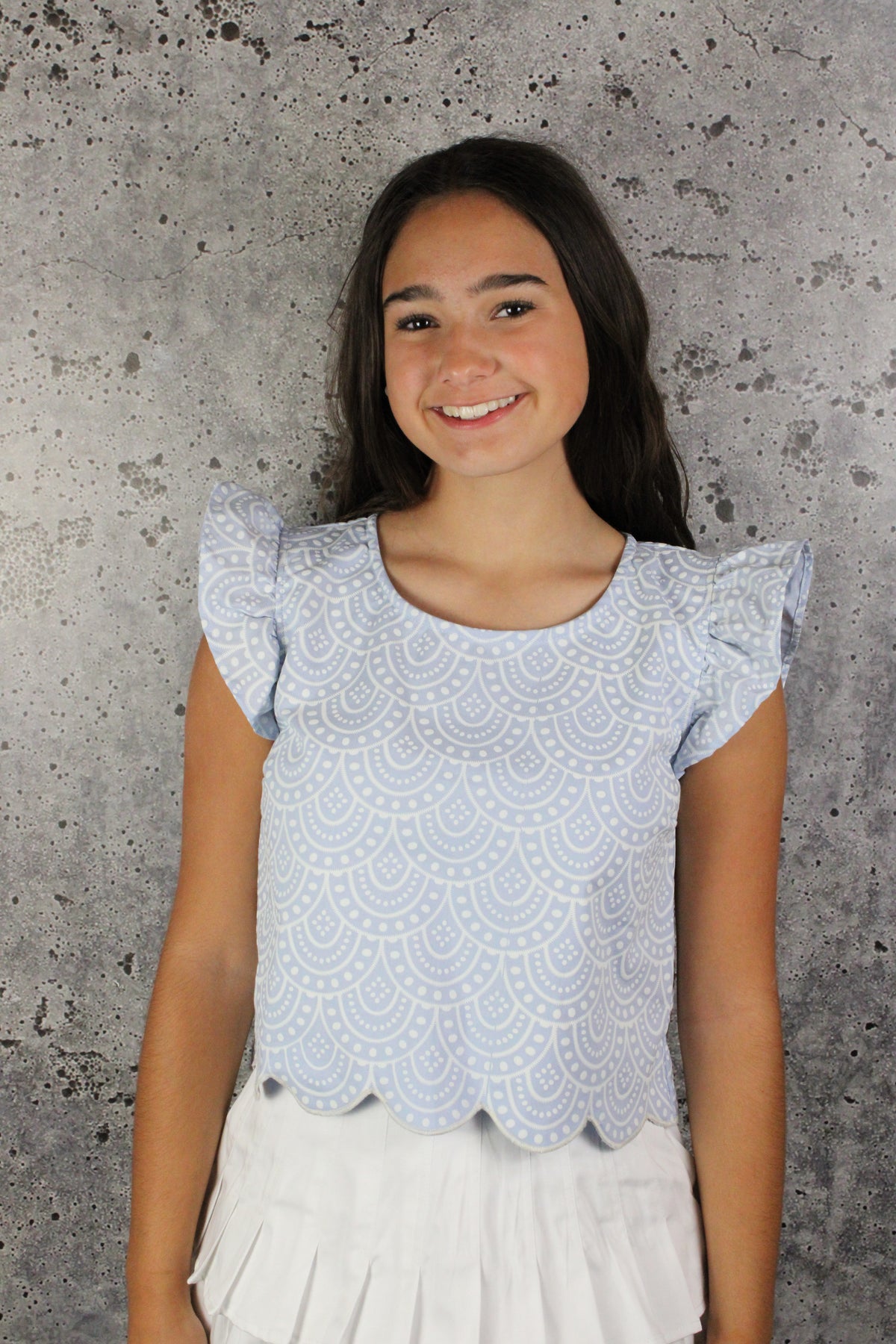 IS Baby Blue Printed Ruffle Sleeve Top