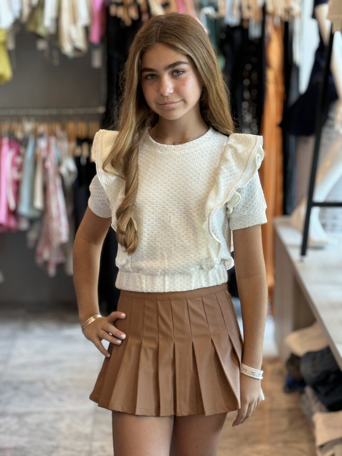 IS Brown Faux Leather Pleated Skirt