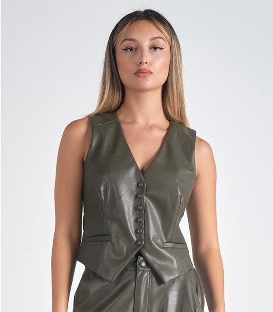 EL Olive Faux Leather Vest - IF SO 